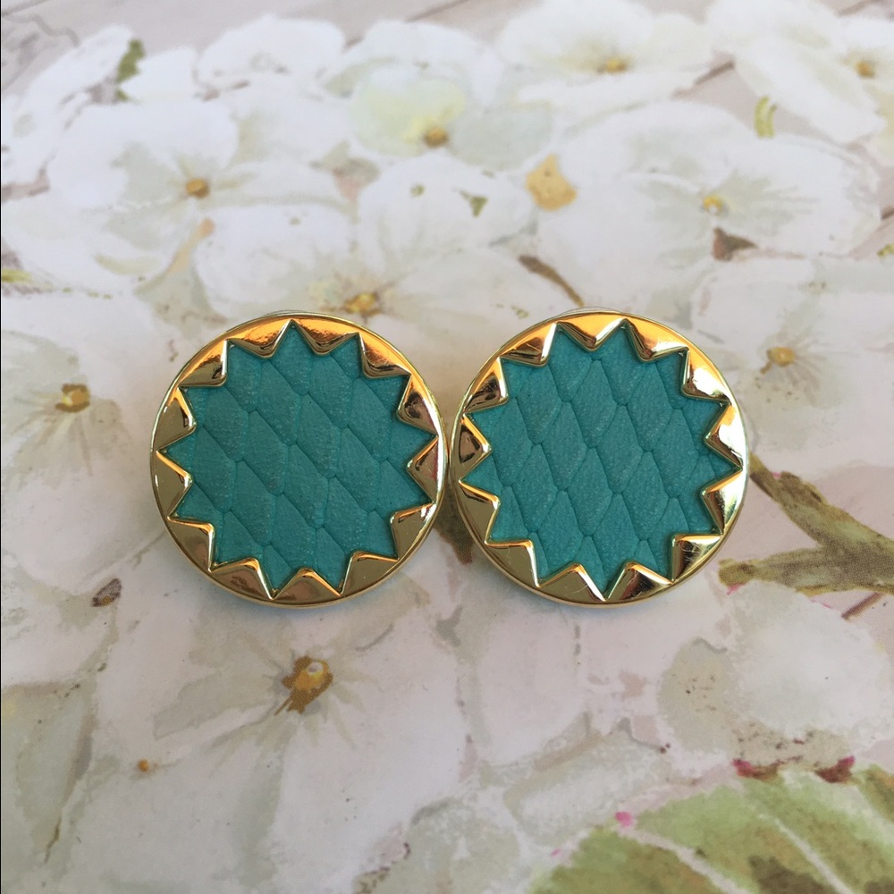 Teal Leather Gold Sunburst Button House of Harlow Earrings